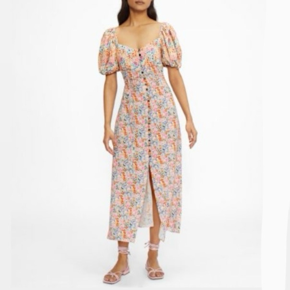 Ted Baker Cremtea Aluin puff sleeve square neck button-down floral midi dress. 🩷